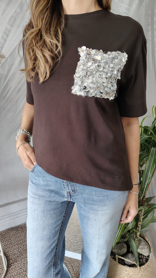 T-shirt con tasca paillettes