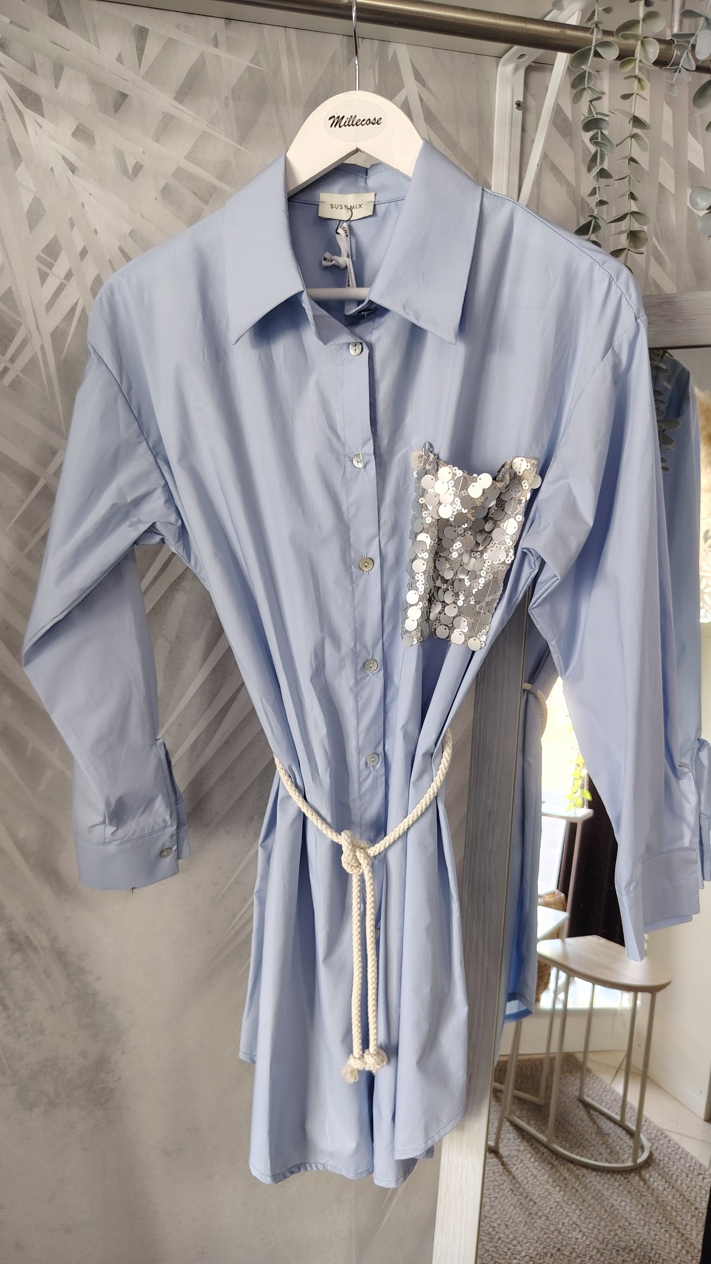 Maxi camicia con tasca paillettes